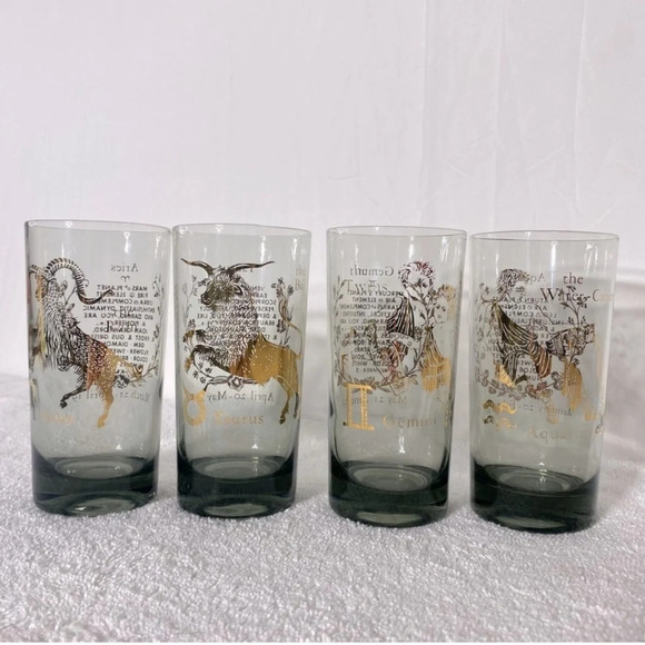 Vintage Federal Glass Smoky Gold Detailed Zodiac  Glasses x4 - Picture 1 of 16